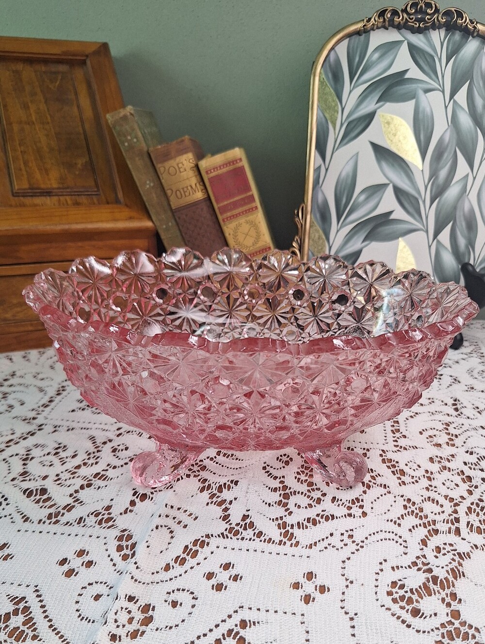 Pink Daisy & Button 4 Toed Oval Glass Bowl Pink L.G. Wright